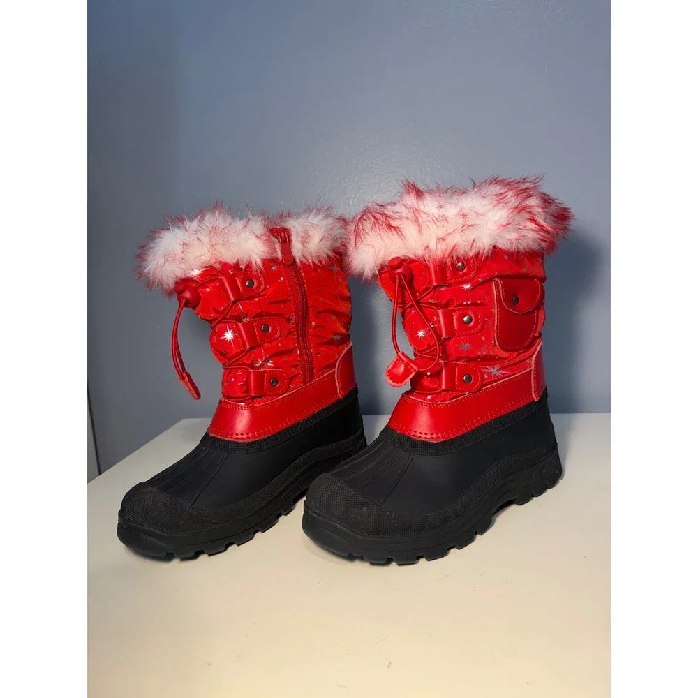 KSNOW Kids Red Black Faux Fur Trim Winter Snow Boots Size 2 Star Print Zip Up